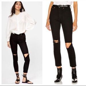 Redone Re/Done Jeans 90s High Rise Ankle Crop Ripped Jet Black with Rips 26”